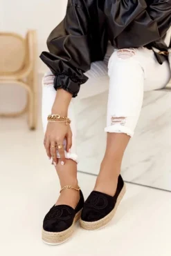 Boto Czarne Espadryle*Damskie Espadryle Na Słomkowej Platformie Czarne Febi