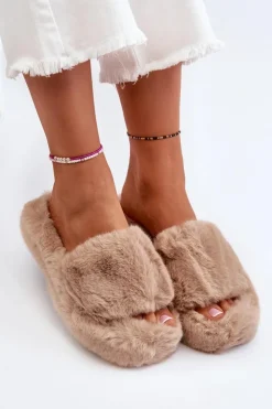 Boto Kapcie Klasyczne|Klapki Z Futerkiem*Damskie Futrzane Kapcie Beżowe Stepia