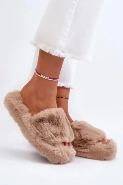 Boto Kapcie Klasyczne|Klapki Z Futerkiem*Damskie Futrzane Kapcie Beżowe Stepia