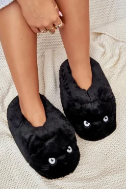 Boto Kapcie Klasyczne*Damskie Futrzane Kapcie Kotki Czarne Iriviane