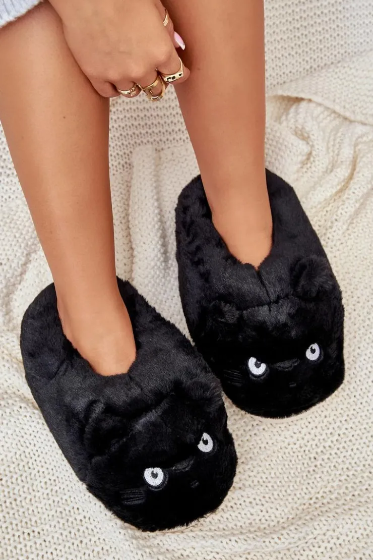 Boto Kapcie Klasyczne*Damskie Futrzane Kapcie Kotki Czarne Iriviane