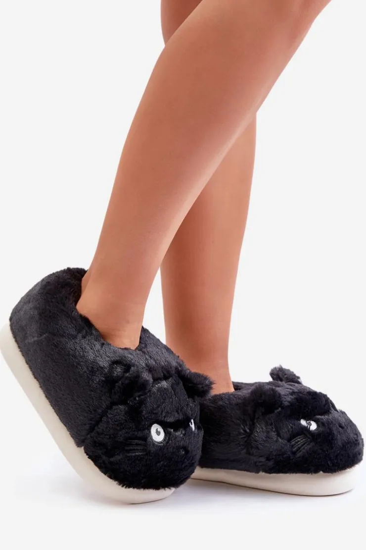 Boto Kapcie Klasyczne*Damskie Futrzane Kapcie Kotki Czarne Iriviane