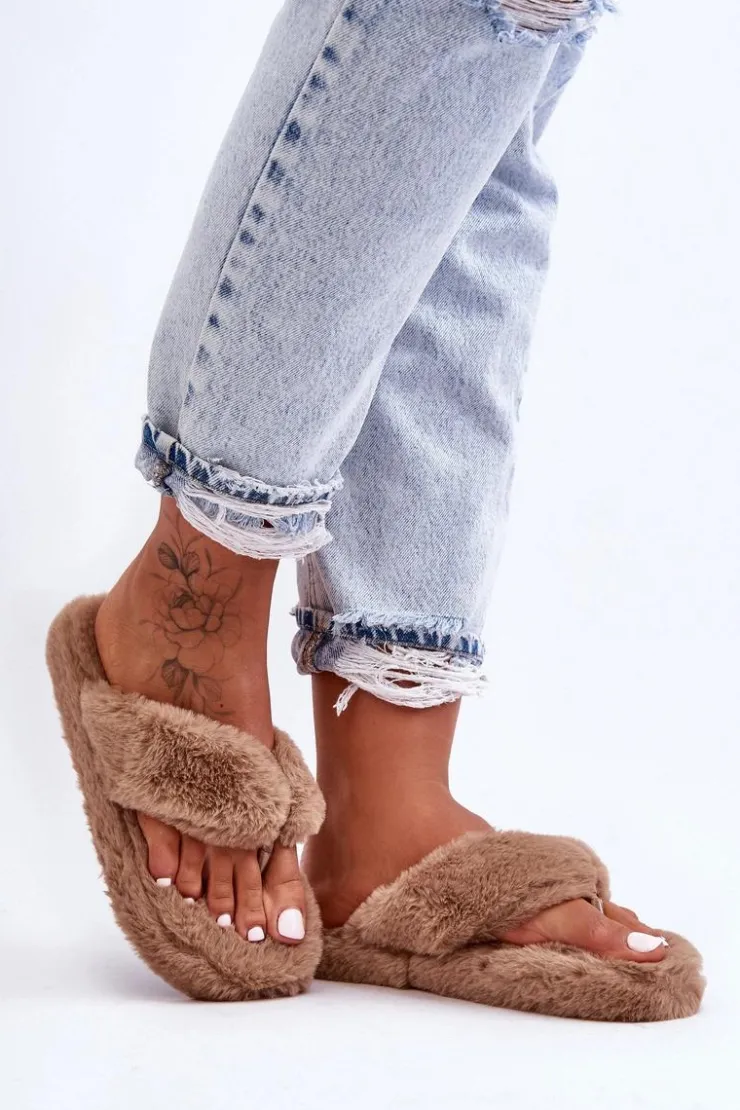 Boto Kapcie Klasyczne|Klapki Z Futerkiem*Damskie Futrzane Klapki Papcie Brązowe Elma