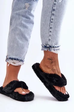 Damskie Boto Damskie Futrzane Klapki Papcie Czarne Elma