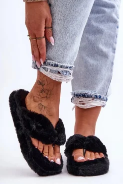 Damskie Boto Damskie Futrzane Klapki Papcie Czarne Elma