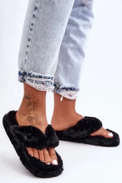 Damskie Boto Damskie Futrzane Klapki Papcie Czarne Elma