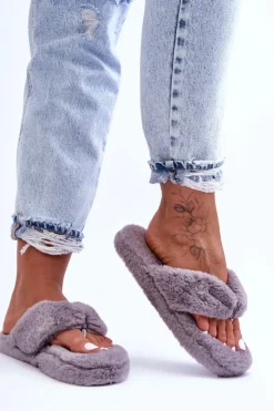 Damskie Boto Damskie Futrzane Klapki Papcie Szare Elma