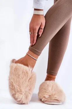 Boto Kapcie Klasyczne*Damskie Futrzane Papcie Beżowe Sheryl