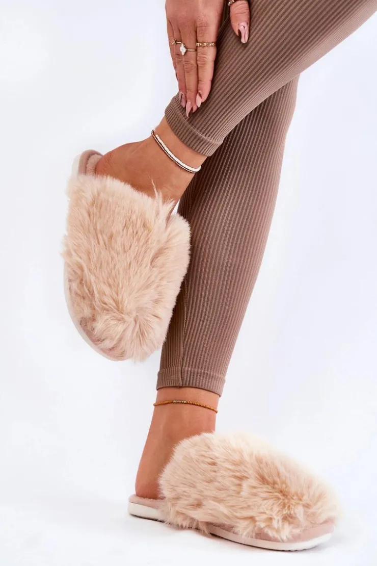 Boto Kapcie Klasyczne*Damskie Futrzane Papcie Beżowe Sheryl