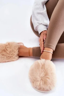 Boto Kapcie Klasyczne*Damskie Futrzane Papcie Beżowe Sheryl