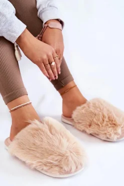 Boto Kapcie Klasyczne*Damskie Futrzane Papcie Beżowe Sheryl