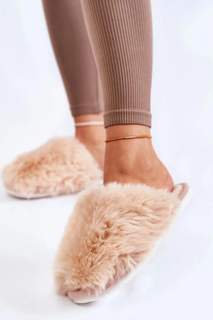 Boto Kapcie Klasyczne*Damskie Futrzane Papcie Beżowe Sheryl