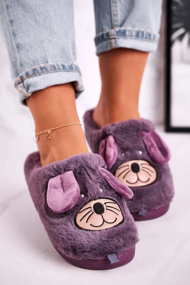 Boto Kapcie Klasyczne*Damskie Futrzane Papcie Myszki Fioletowe Home Sweet Home