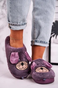 Boto Kapcie Klasyczne*Damskie Futrzane Papcie Myszki Fioletowe Home Sweet Home
