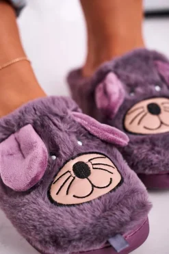 Boto Kapcie Klasyczne*Damskie Futrzane Papcie Myszki Fioletowe Home Sweet Home