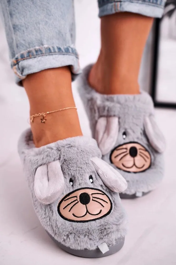 Boto Kapcie Klasyczne*Damskie Futrzane Papcie Myszki Szare Home Sweet Home