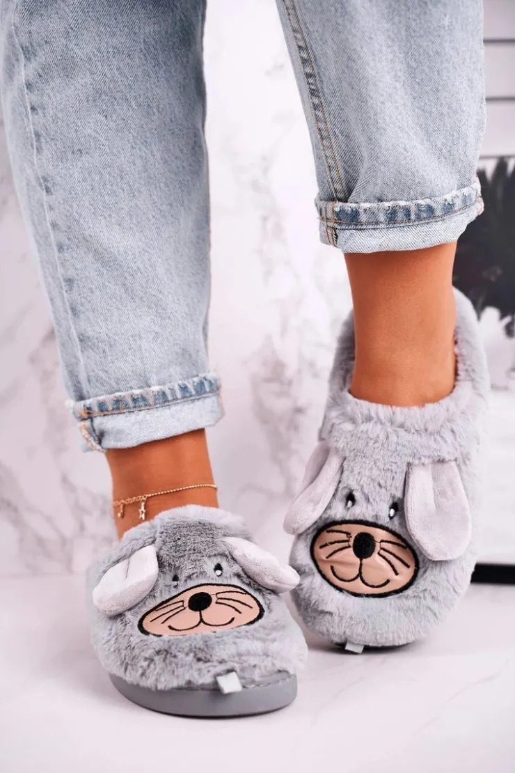 Boto Kapcie Klasyczne*Damskie Futrzane Papcie Myszki Szare Home Sweet Home