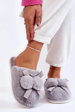 Boto Kapcie Klasyczne*Damskie Futrzane Papcie Z Pomponami Szare Castello