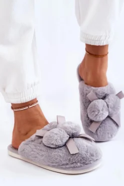 Boto Kapcie Klasyczne*Damskie Futrzane Papcie Z Pomponami Szare Castello