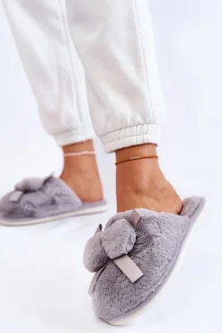 Boto Kapcie Klasyczne*Damskie Futrzane Papcie Z Pomponami Szare Castello