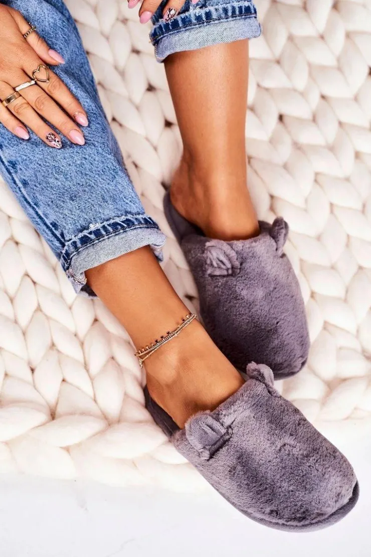 Boto Kapcie Klasyczne*Damskie Futrzane Papcie Z Uszami Szare Hippo