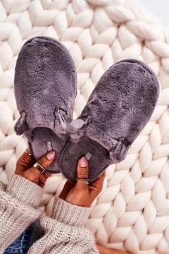 Boto Kapcie Klasyczne*Damskie Futrzane Papcie Z Uszami Szare Hippo