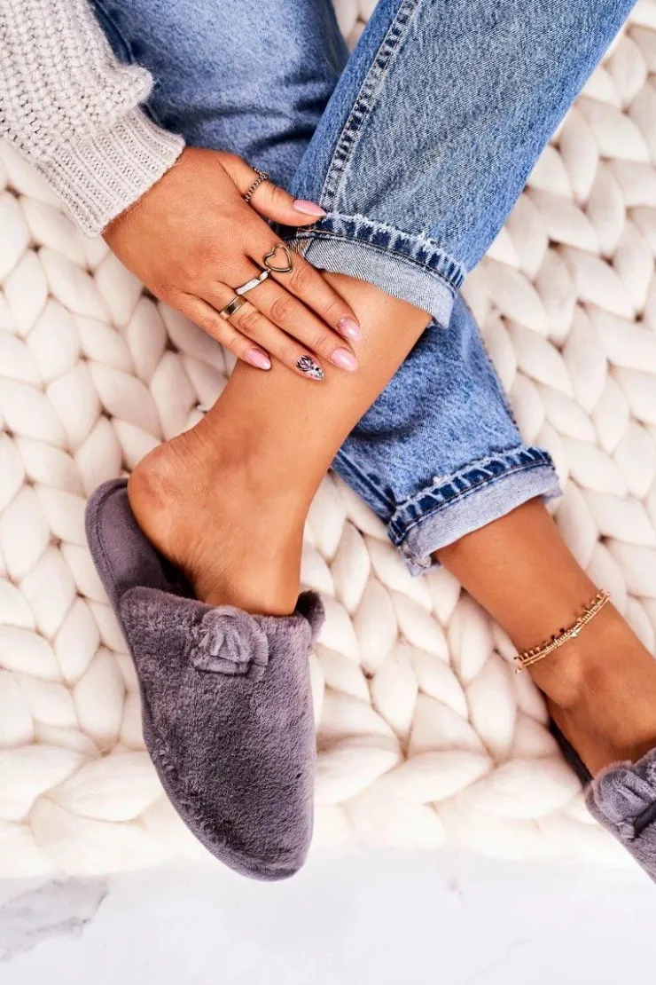 Boto Kapcie Klasyczne*Damskie Futrzane Papcie Z Uszami Szare Hippo