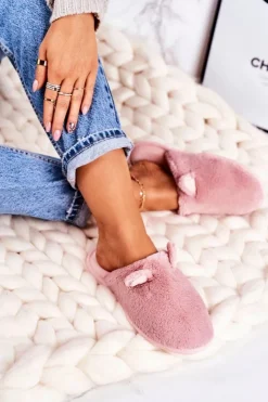 Boto Kapcie Klasyczne*Damskie Futrzane Papcie Z Uszami Pudrowy Róż Hippo