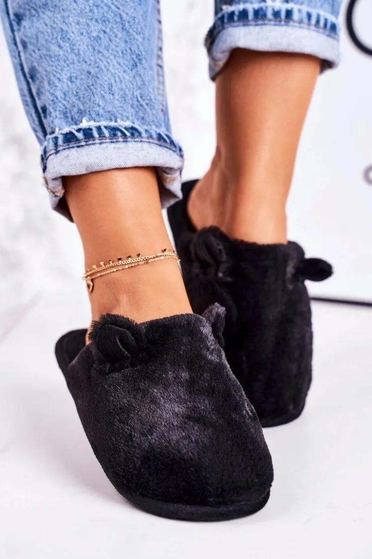 Outlet Boto Damskie Futrzane Papcie Z Uszami Czarne Hippo