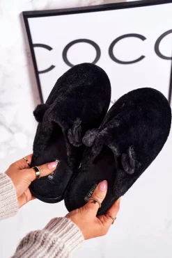 Outlet Boto Damskie Futrzane Papcie Z Uszami Czarne Hippo