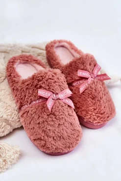 Sale Boto Damskie Futrzane Papcie Z Kokardką Różowe Ryana