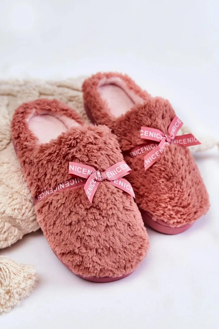 Sale Boto Damskie Futrzane Papcie Z Kokardką Różowe Ryana