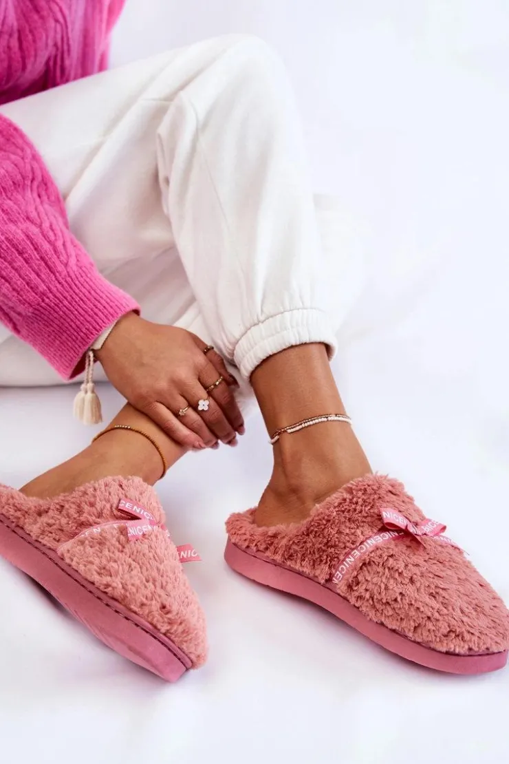 Sale Boto Damskie Futrzane Papcie Z Kokardką Różowe Ryana