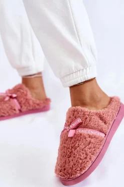 Sale Boto Damskie Futrzane Papcie Z Kokardką Różowe Ryana