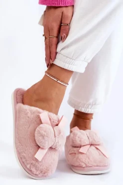 Outlet Boto Damskie Futrzane Papcie Z Pomponami Różowe Castello