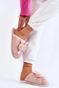 Outlet Boto Damskie Futrzane Papcie Z Pomponami Różowe Castello