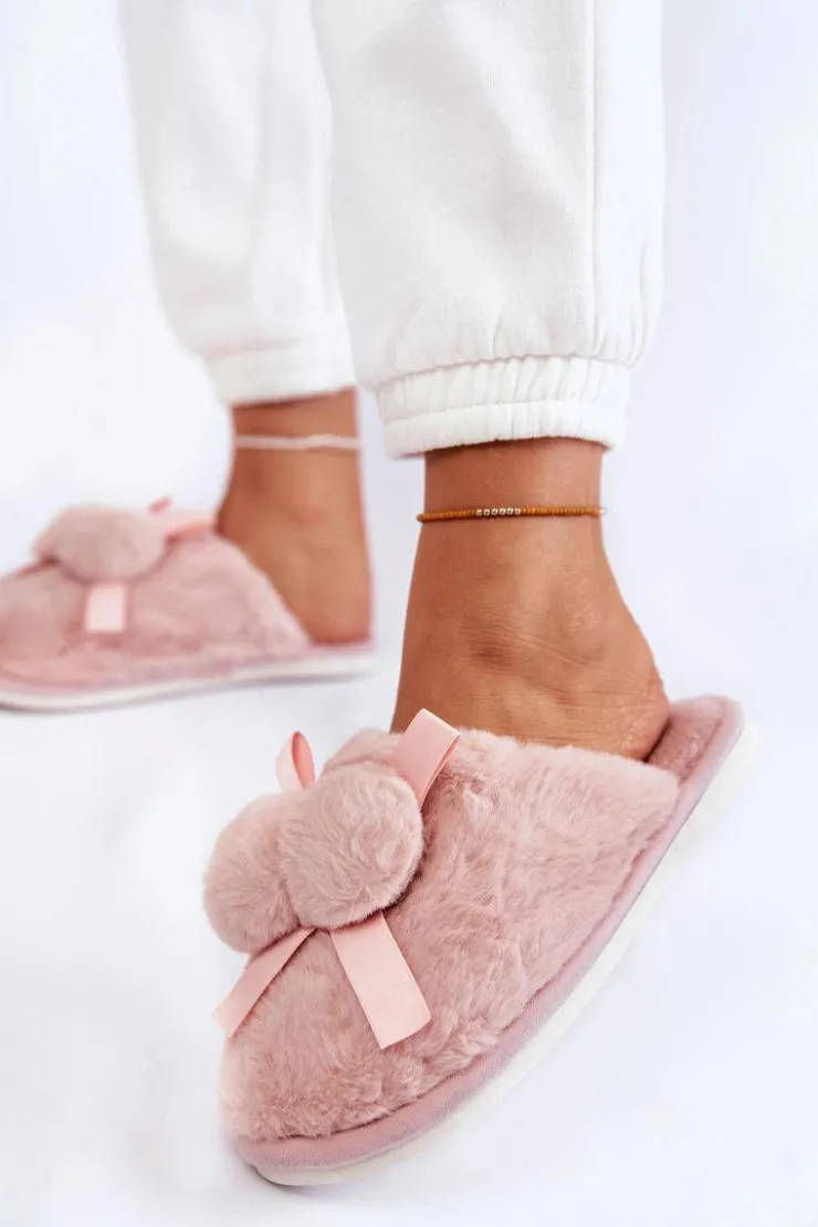 Outlet Boto Damskie Futrzane Papcie Z Pomponami Różowe Castello