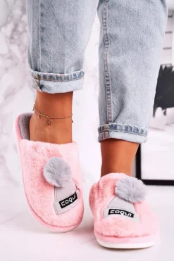 Boto Kapcie Klasyczne*Damskie Futrzane Papcie Z Czapką I Pomponem Różowe Keep Warm