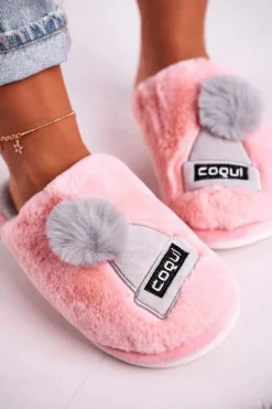 Boto Kapcie Klasyczne*Damskie Futrzane Papcie Z Czapką I Pomponem Różowe Keep Warm