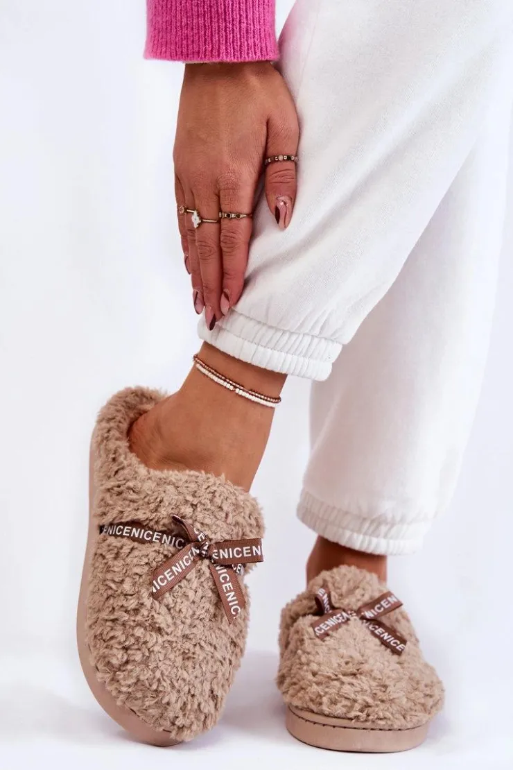 Boto Kapcie Klasyczne*Damskie Futrzane Papcie Z Kokardką Beżowe Ryana