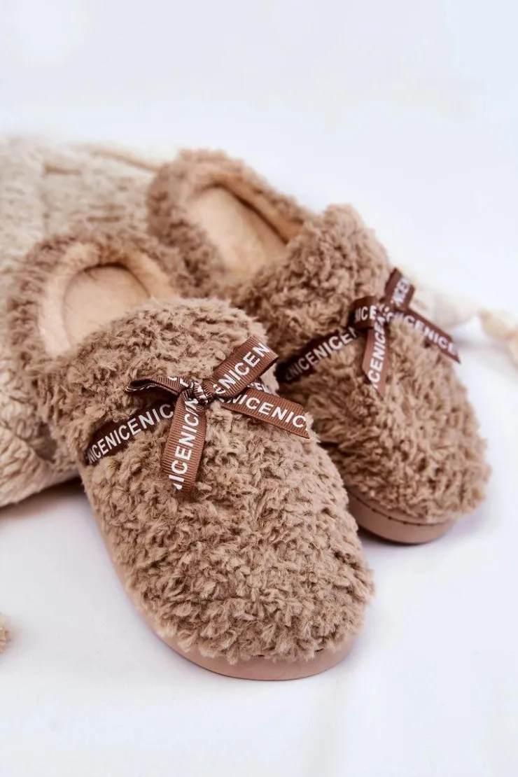 Boto Kapcie Klasyczne*Damskie Futrzane Papcie Z Kokardką Beżowe Ryana