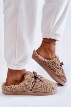 Boto Kapcie Klasyczne*Damskie Futrzane Papcie Z Kokardką Beżowe Ryana