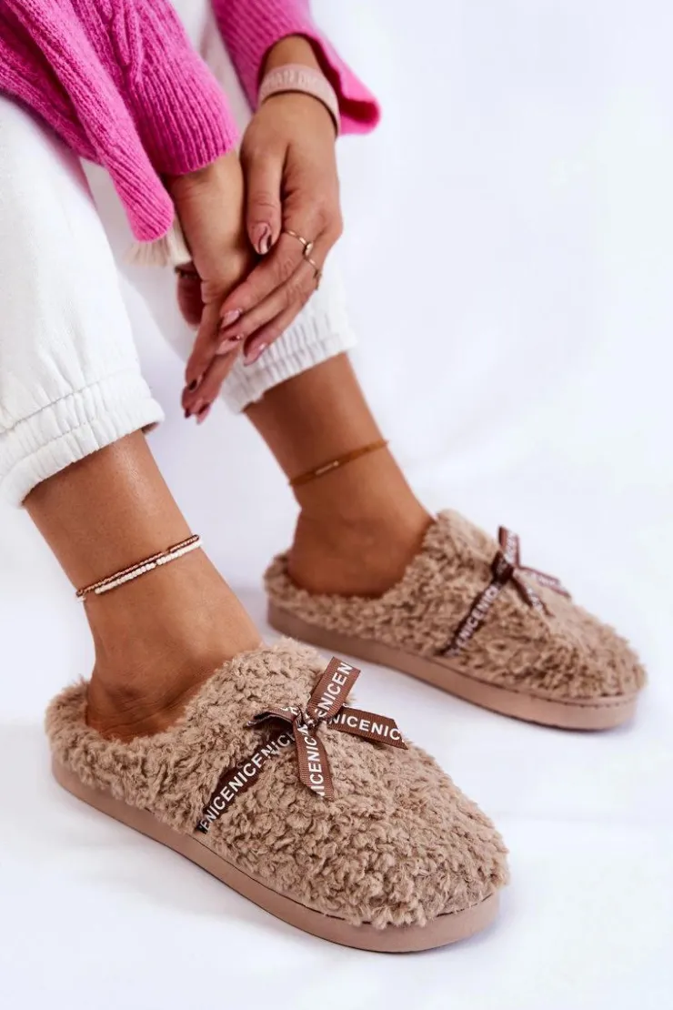 Boto Kapcie Klasyczne*Damskie Futrzane Papcie Z Kokardką Beżowe Ryana