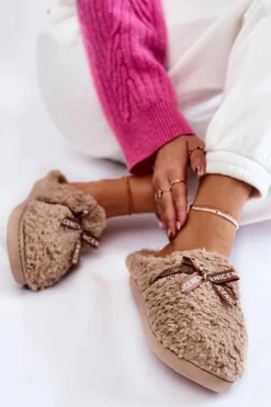 Boto Kapcie Klasyczne*Damskie Futrzane Papcie Z Kokardką Beżowe Ryana