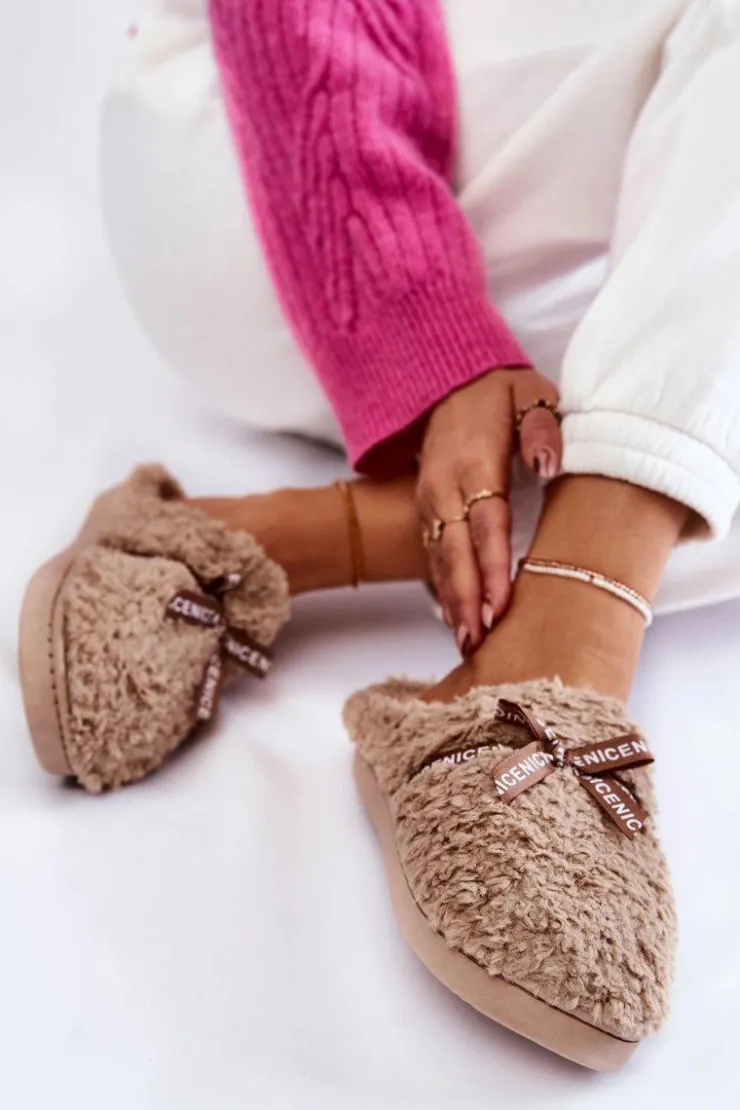 Boto Kapcie Klasyczne*Damskie Futrzane Papcie Z Kokardką Beżowe Ryana