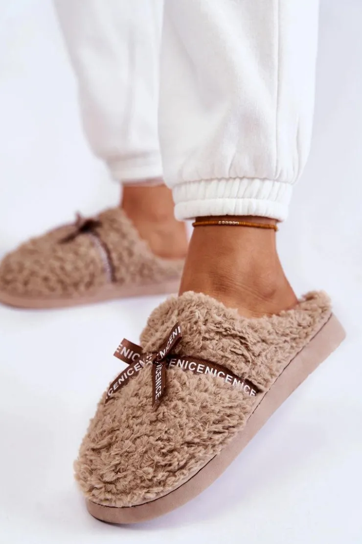 Boto Kapcie Klasyczne*Damskie Futrzane Papcie Z Kokardką Beżowe Ryana