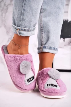 New Boto Damskie Futrzane Papcie Z Czapką I Pomponem Fioletowe Keep Warm