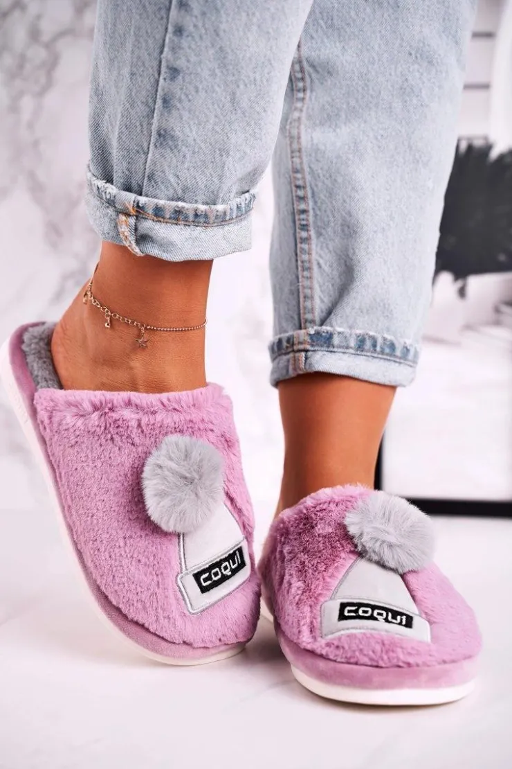 New Boto Damskie Futrzane Papcie Z Czapką I Pomponem Fioletowe Keep Warm