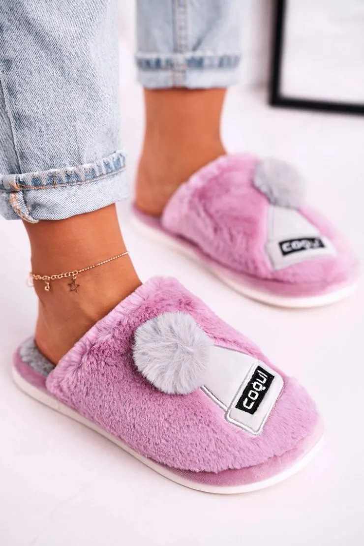 New Boto Damskie Futrzane Papcie Z Czapką I Pomponem Fioletowe Keep Warm