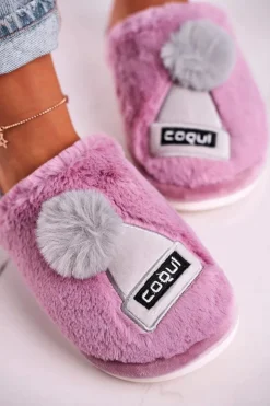 New Boto Damskie Futrzane Papcie Z Czapką I Pomponem Fioletowe Keep Warm